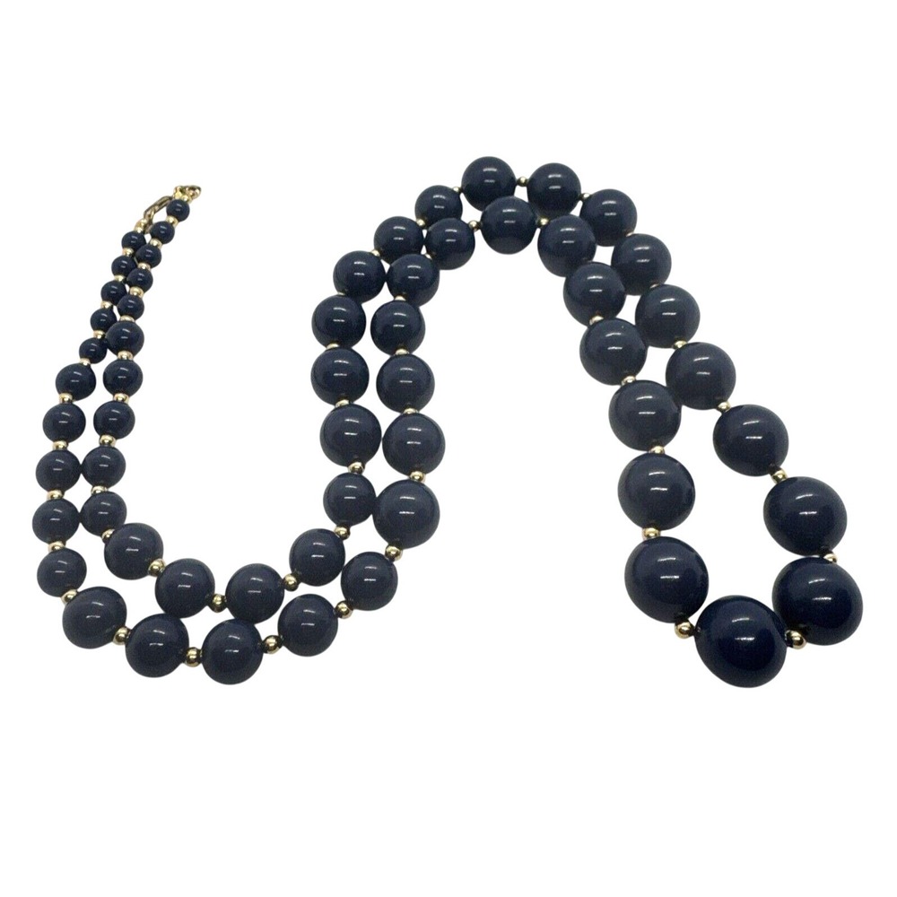 Vintage Monet Signed Graduated Round Blue Beaded 30" Necklace Retro Plastic